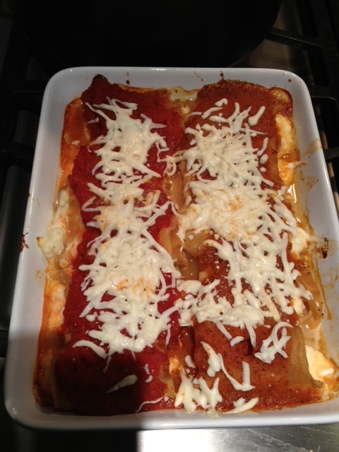 My low-fat, low-salt manicotti, One of these has 128 calories, 1.8 grams of fat and 70 mgs of sodium. I eat five at a time