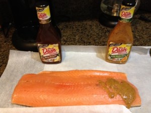 Preparing salmon with Mrs. Dash no-salt marinades. Regular stores don't carry these marinades, order them online at Amazon.com
