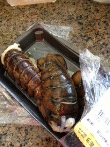Three lobster tails that started as four ounces each; meat weight -- 2.5 ounces.
