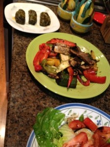 Grilled veggies with stuffed grape leaves and a salad, yum.