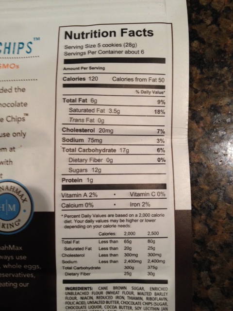 Hannahmax cookie chips nutrition information.