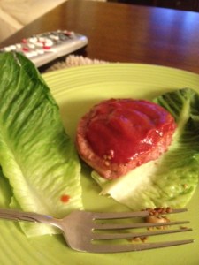 Turkey burger in a lettuce wrap with low-salt, low-sugar ketchup.