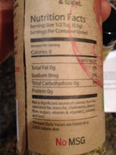 The Outer Spice nutrition label for the salt-free spicy mix.