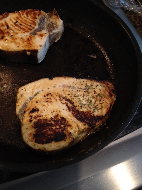 My swordfish getting crispy.
