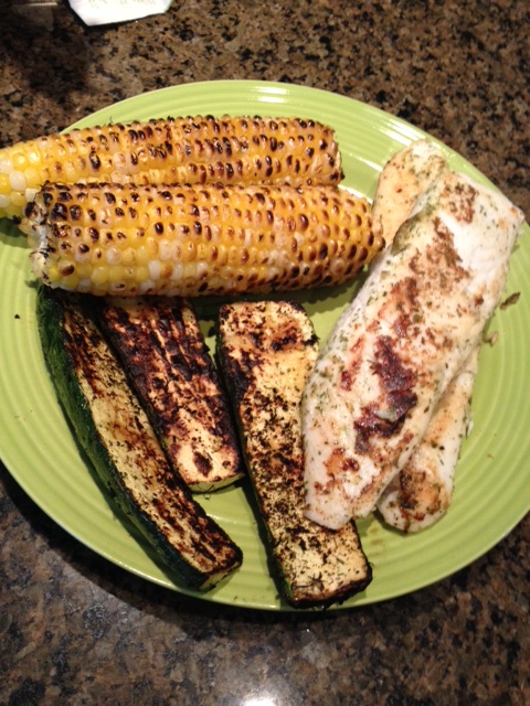 Our tilapia, zucchini and corn dinner.