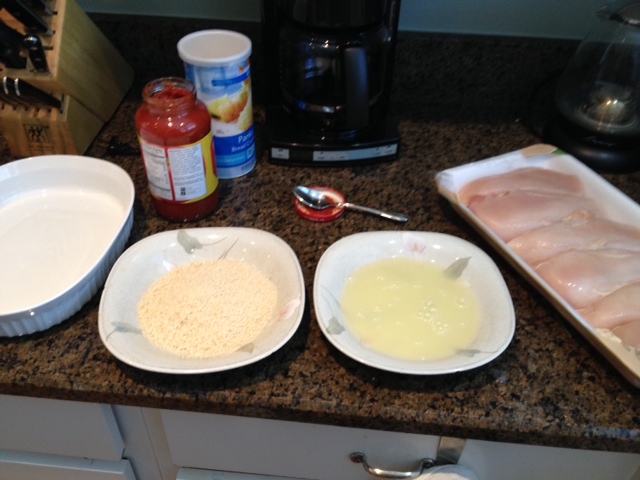Start with fresh chicken breasts, egg whites, panko breadcrumbs and no-salt-added marinara sauce.