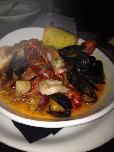 My Happy Gnome seafood plate, once I removed the mountain of bread that came with it, white bread I can no longer eat.