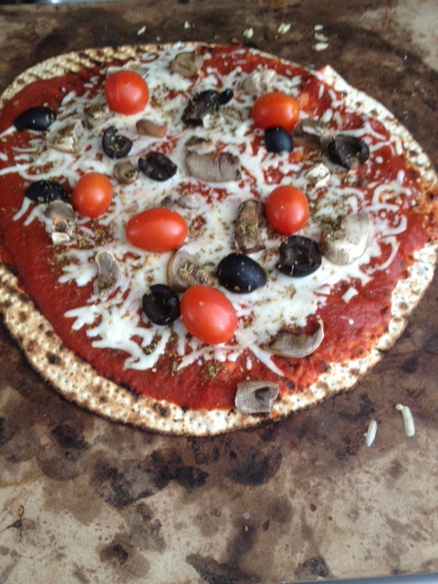 MY matzo pizza...the matzo has no salt, no fat and no sugar in it, a great base for salt-free tomato sauce and fat-free cheese.