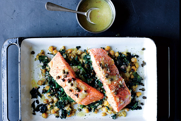 Slow-cooked salmon with chickpeas and mustard greens from Epicurious.com