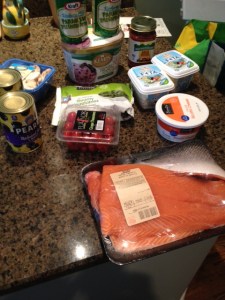 A recent shopping trip included low-fat cheeses, salmon and low-salt olives, all on sale.
