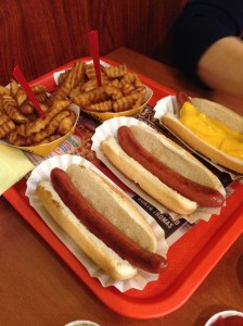 Nathan's hot dogs and waffle fries, wondrous stuff.