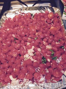 MY cherry tomatoes on a baking sheet, ready for roasting