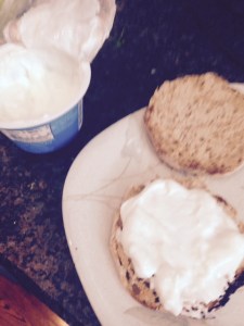 Yogurt toast with Yoplait Greek 100 Boston Cream Pie flavored yogurt.