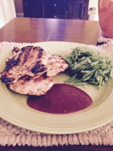 My grilled chicken, green beans and low-salt barbecue sauce.