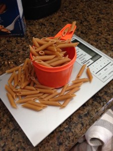 Four ounces of pasta, before cooking.