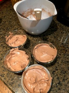 Sans Sucre mousse in pudding bowls ready to be chilled,.