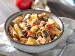 Rigatoni with swordfish, eggplant and tomatoes.
